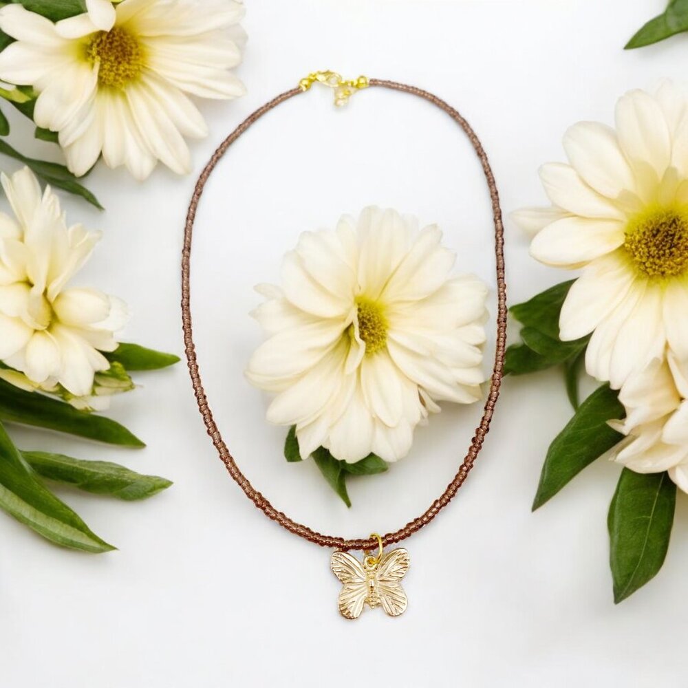 HANDMADE Purplish Brown Gold Butterfly Charm Seed Bead Choker Pendant Necklace